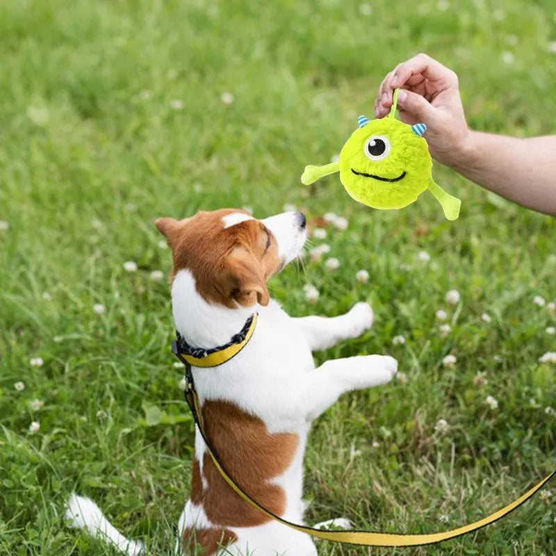 Green interactive sound dog teething ball toy made of plush and TPR, approximately 12cm in diameter.