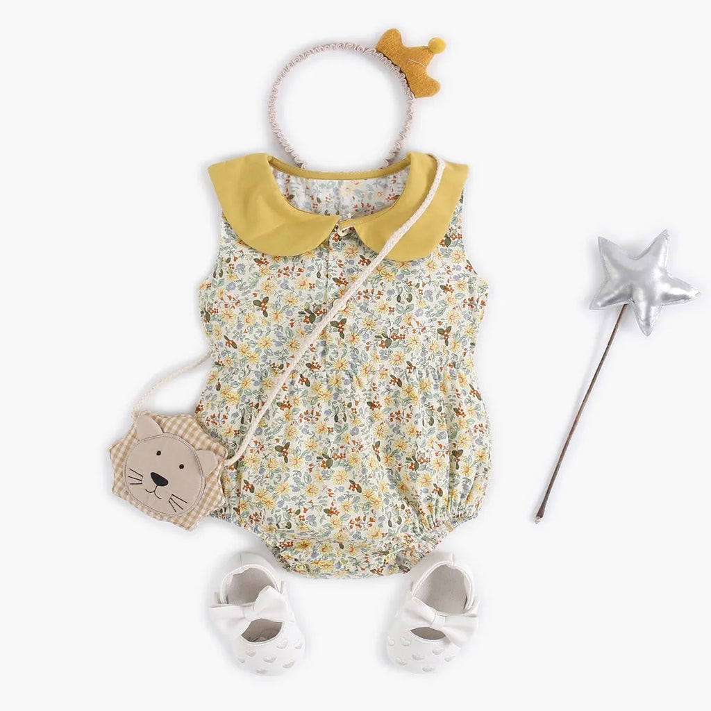 Yellow cotton floral baby romper with doll collar, triangle jumpsuit style for girls 0-6 months to 2-3 years