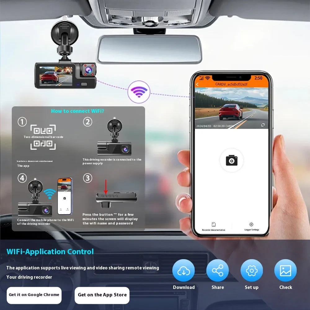 WiFi car driving recorder with 2-inch screen on a dashboard, showing front and rear camera views.