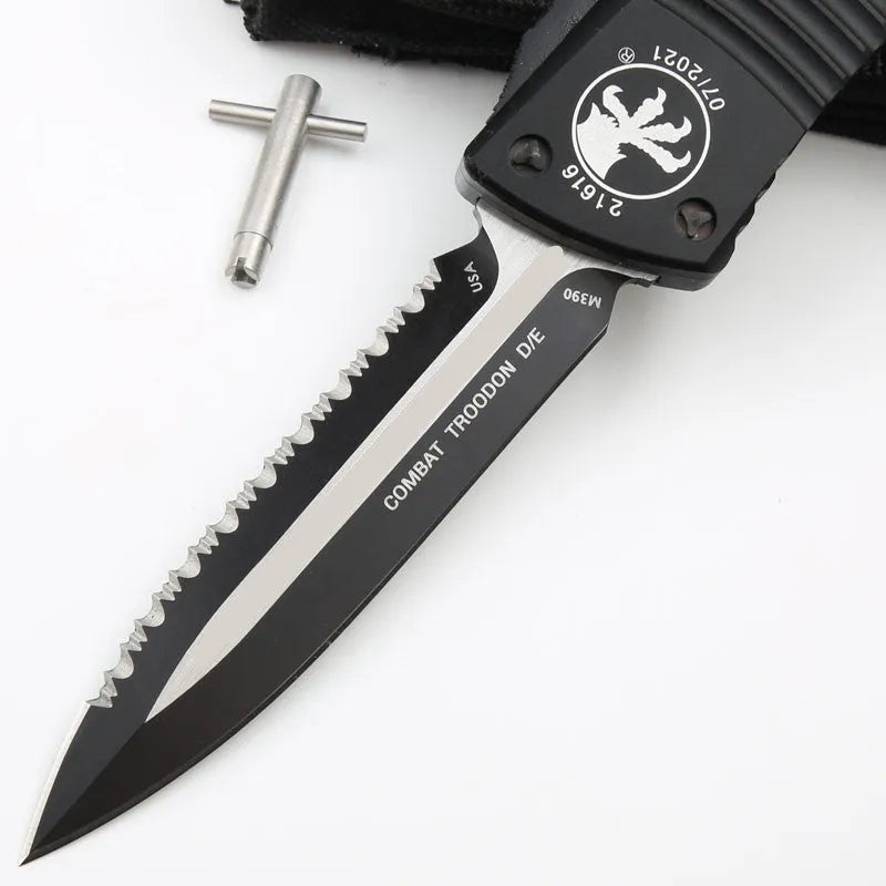 Outdoor camping tactical folding knife with D2 steel blade, black wire-drawn finish, and aviation aluminium handle