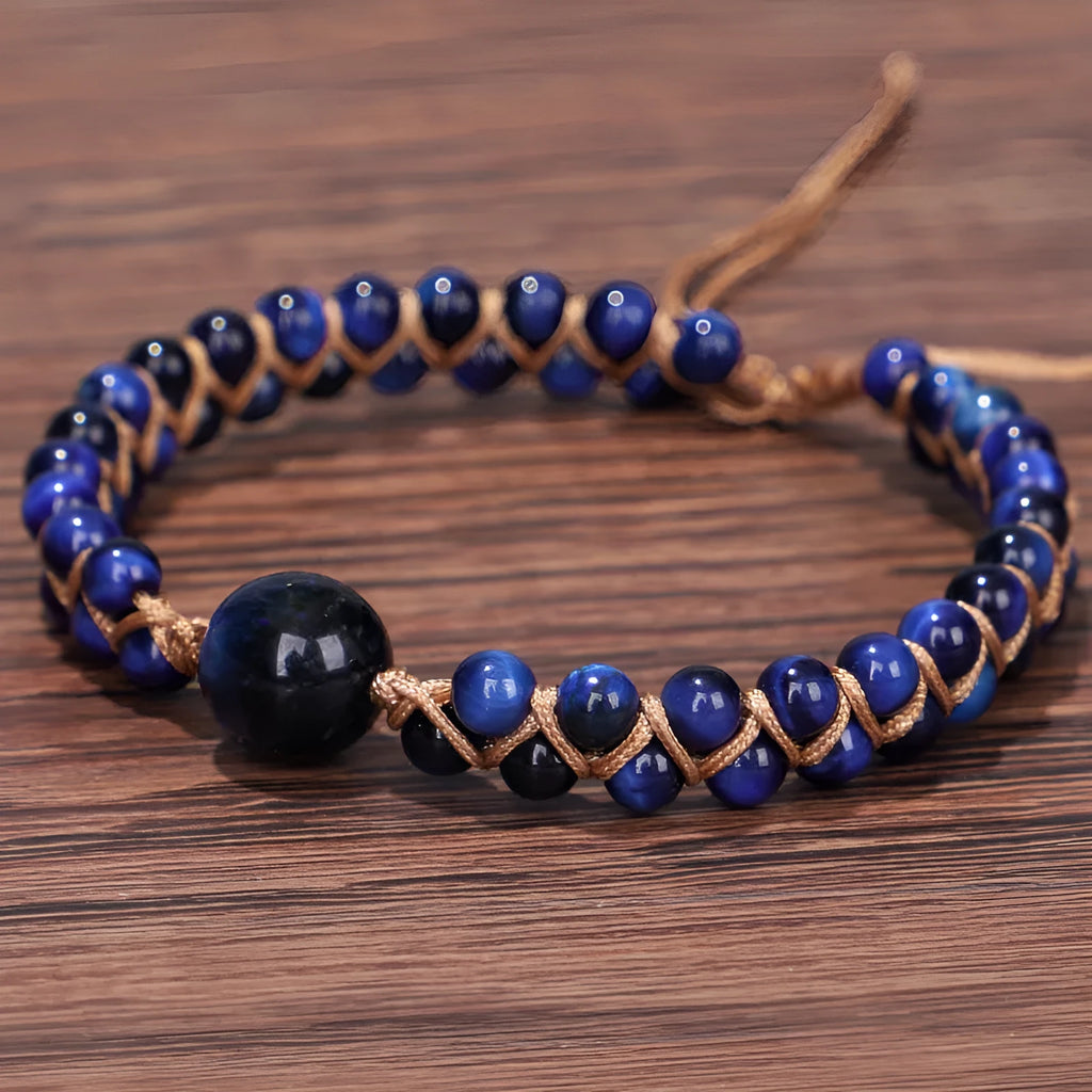Handmade woven pull bracelet geometry design in blue Tigereye stone