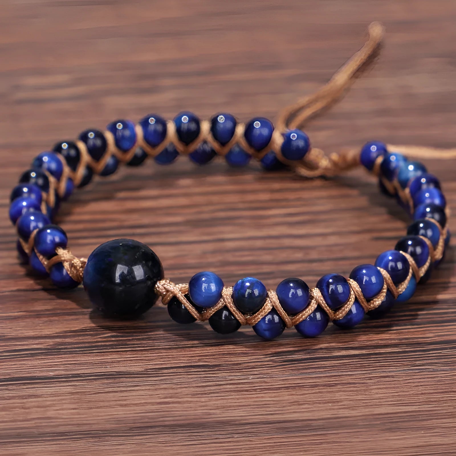 Handmade woven pull bracelet geometry design in blue Tigereye stone