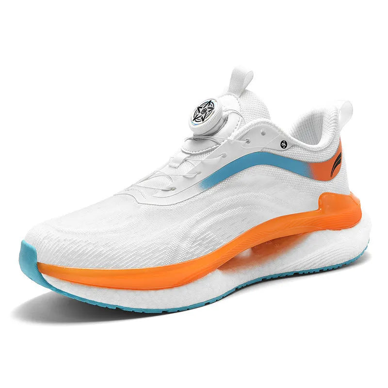 Men's high top mesh running sneaker in fluorescent orange with buckle fastening and composite sole.