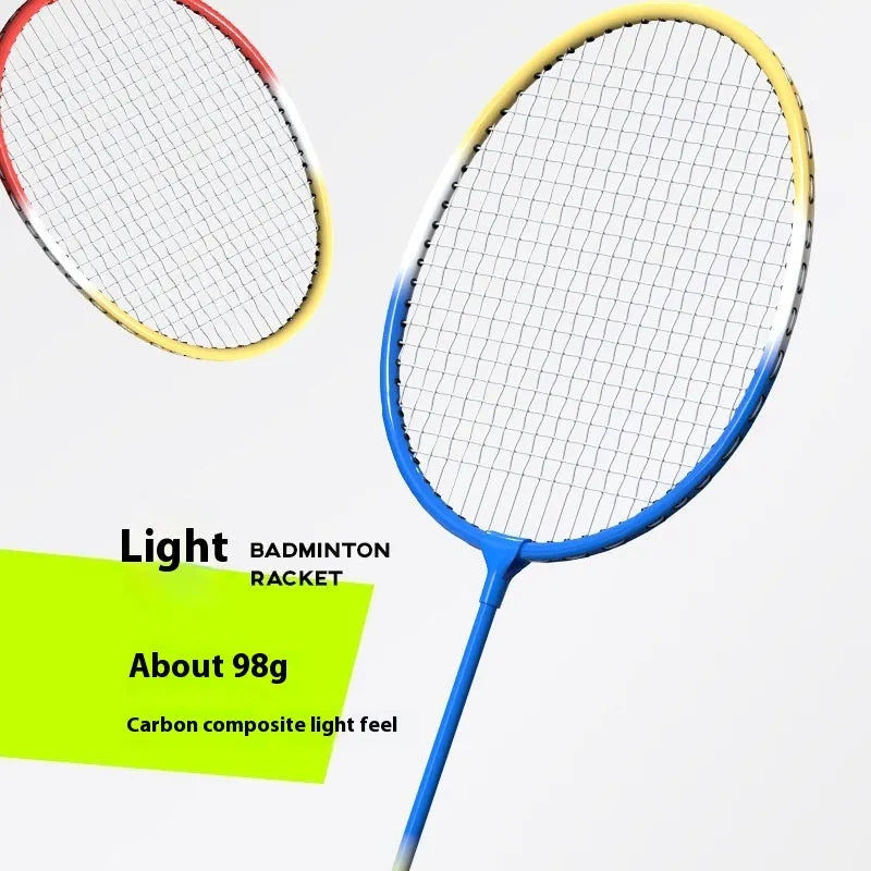 A pair of blue and red alloy badminton rackets with a split-frame design.