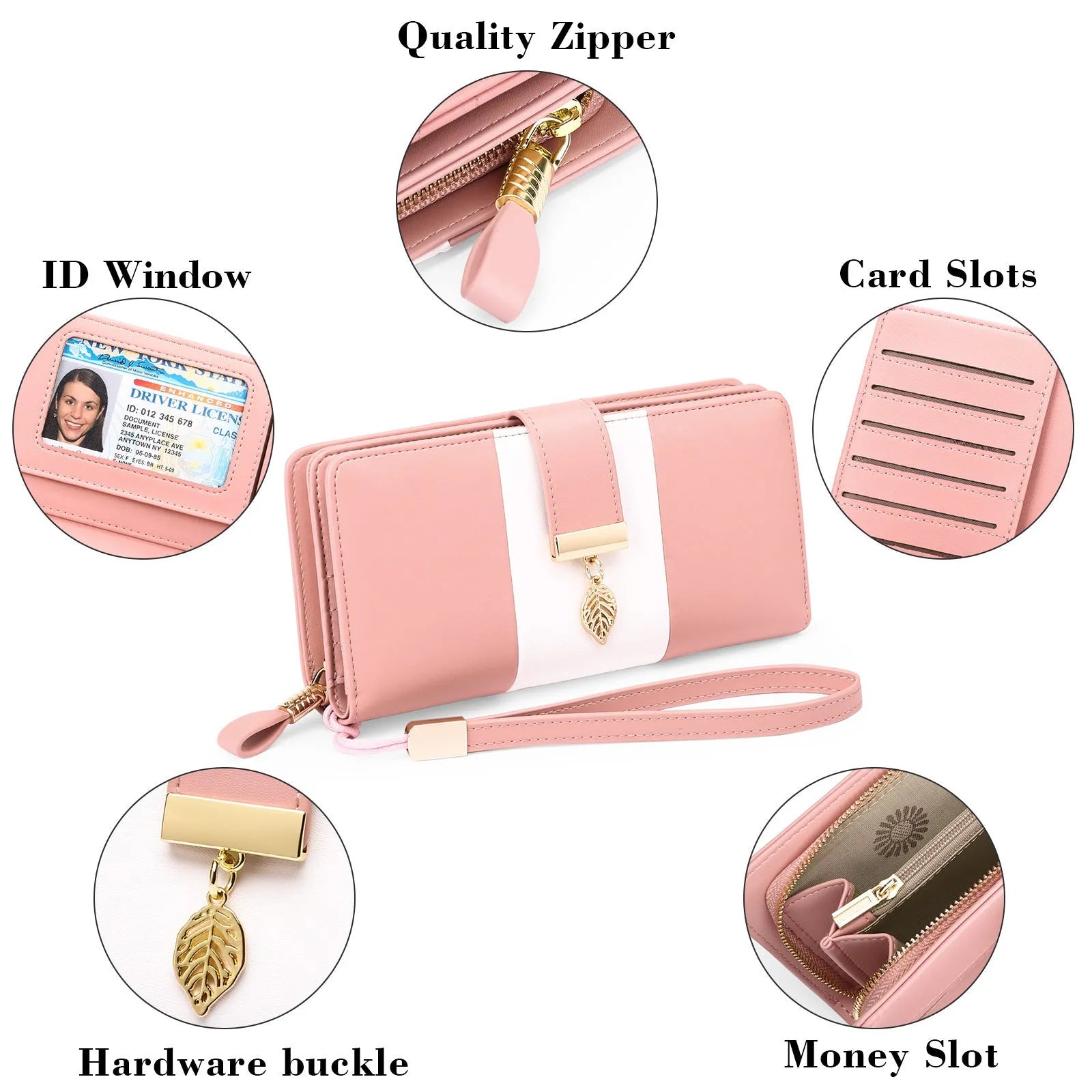 A midnight black anti-theft clutch bag with a zip-around lock, shown open to reveal RFID blocking card slots and a microfiber lining.
