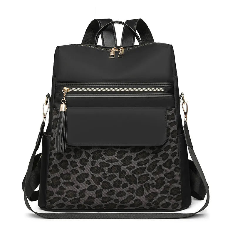 Leopard print women's large capacity nylon backpack in beige with stitching details