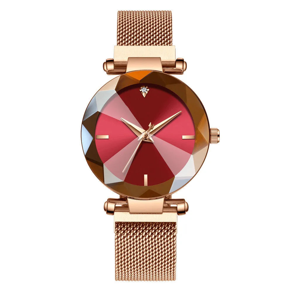 Women's mesh belt quartz watch with round alloy case and 33.5mm dial, available in pink