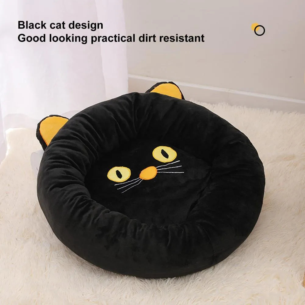 Black cat shaped velvet pet bed nest with raised edges for head support