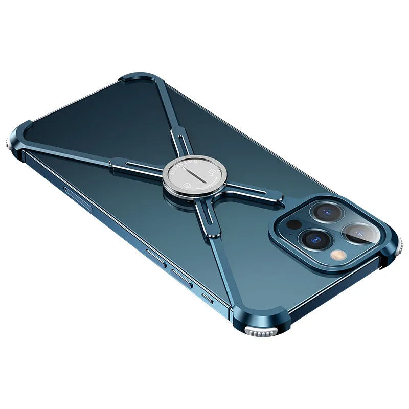 X-shape metal airbag phone case for iPhone 12, black colour, with bare metal frame and hollow side frames