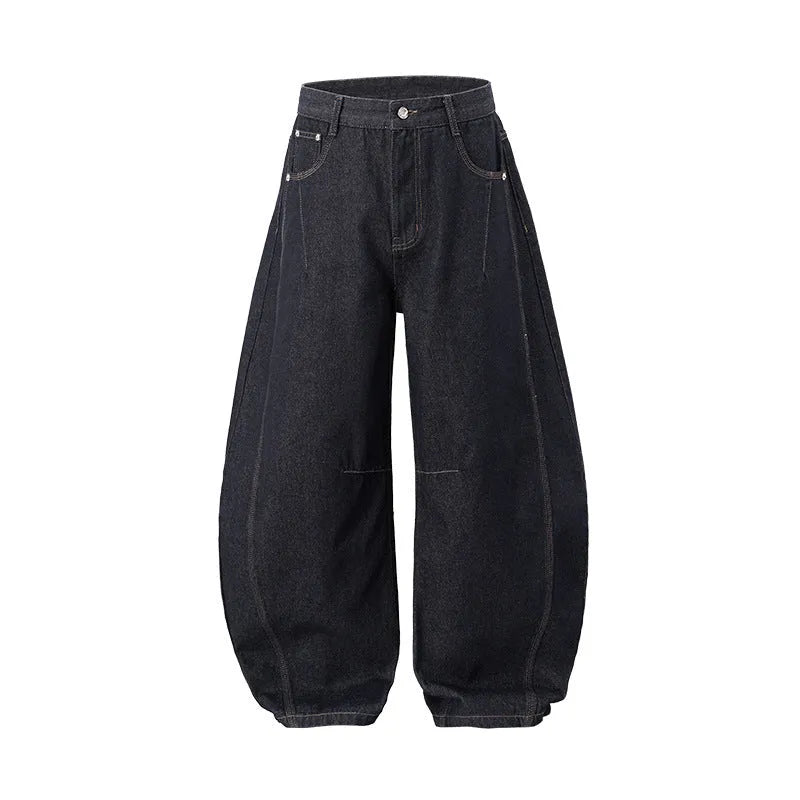 Men's wide leg denim trousers in original cow colour wash with mid waist rise