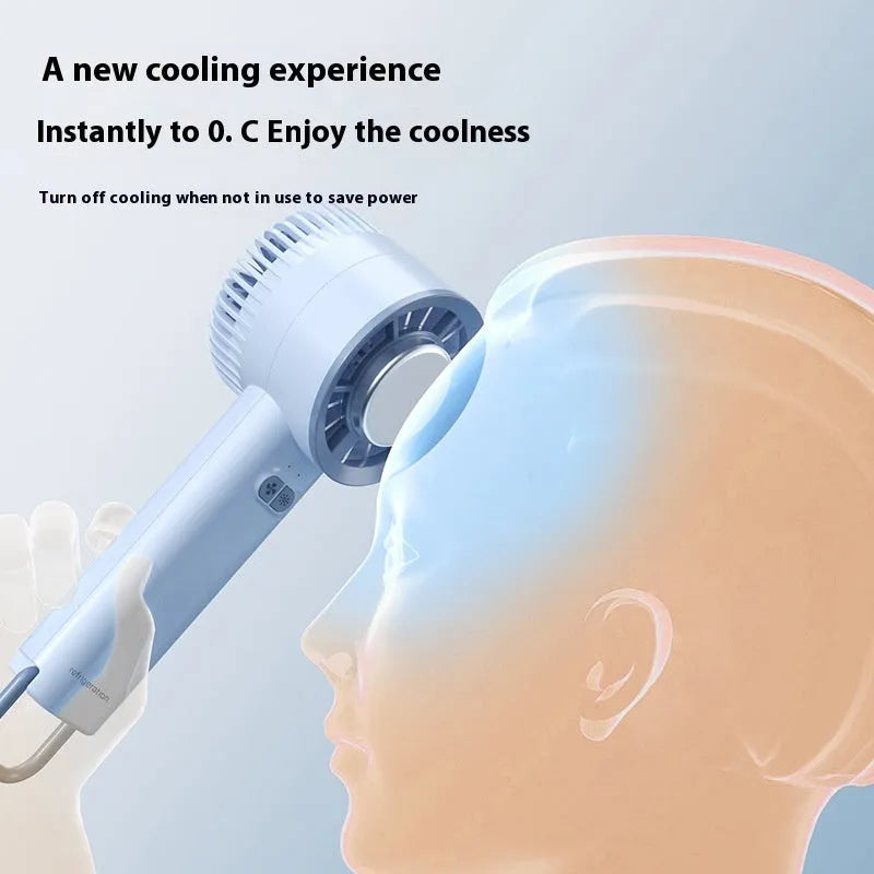 White handheld turbo fan with touch controls, showing compact duct design for personal cooling.