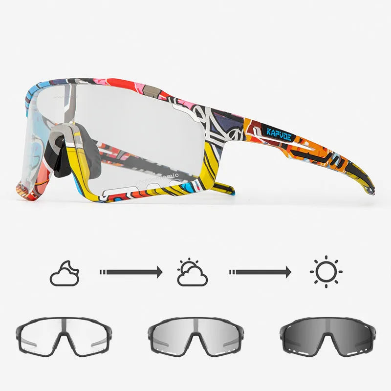Photochromic cycling sunglasses with a semi-rimless TR90 frame shown in one of fourteen available colours.