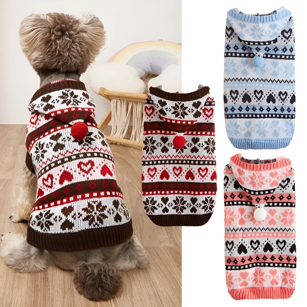 Acrylic knitted dog sweater with snowflake and camouflage patterns in blue, pink, or grey