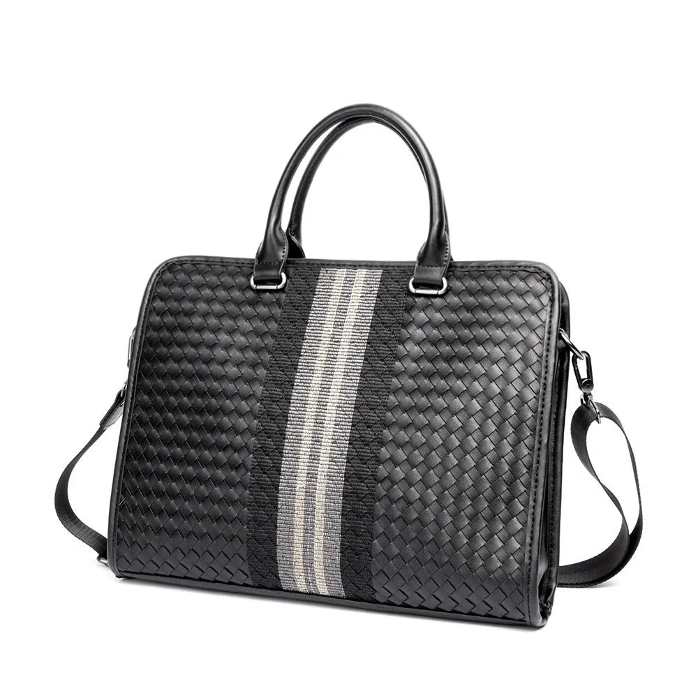 Men's stitching woven business casual briefcase in black PU leather with shoulder strap, solid colour design