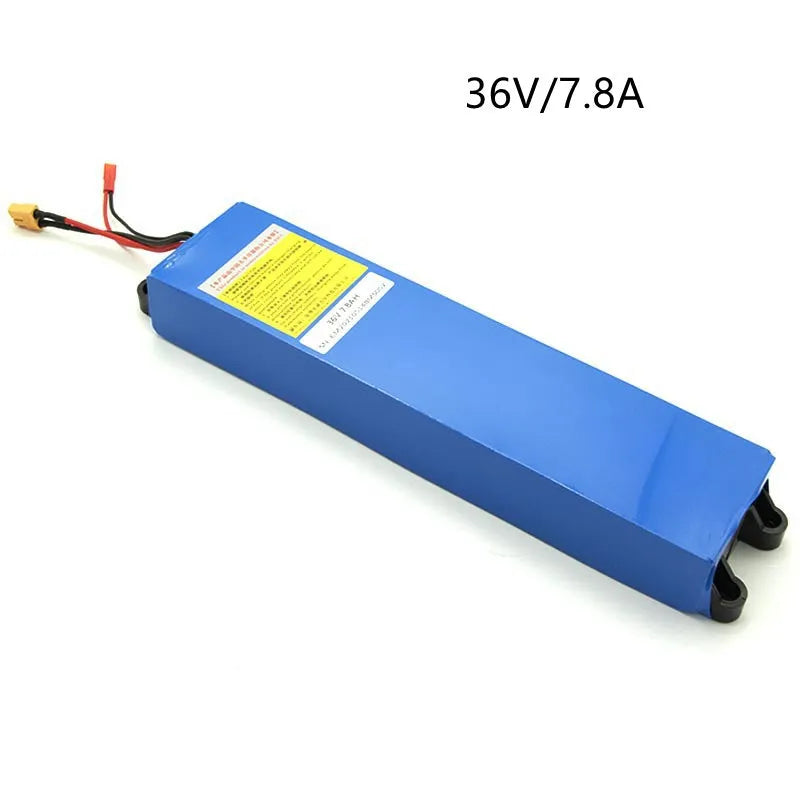 36V lithium battery pack for electric scooter replacement, showing options for 6.6A, 7.8A, and 10.4A capacities.