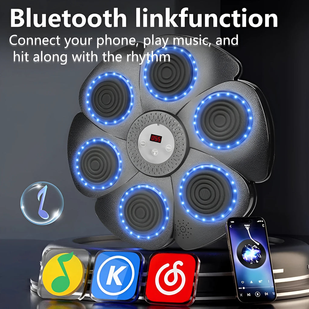 Black plastic smart boxing wall target with Bluetooth and lights, plus half-finger boxing gloves.