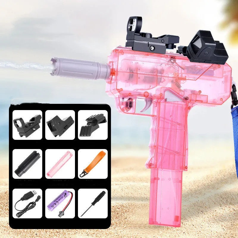Transparent rechargeable electric water gun with accessories showing blue colour option