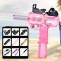 Transparent rechargeable electric water gun with accessories showing blue colour option