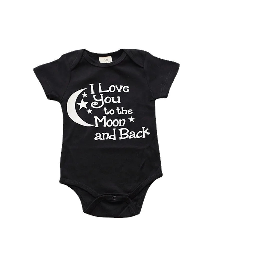 Black boys' romper bodysuit with moon star letter print, short sleeve, single-breasted closure
