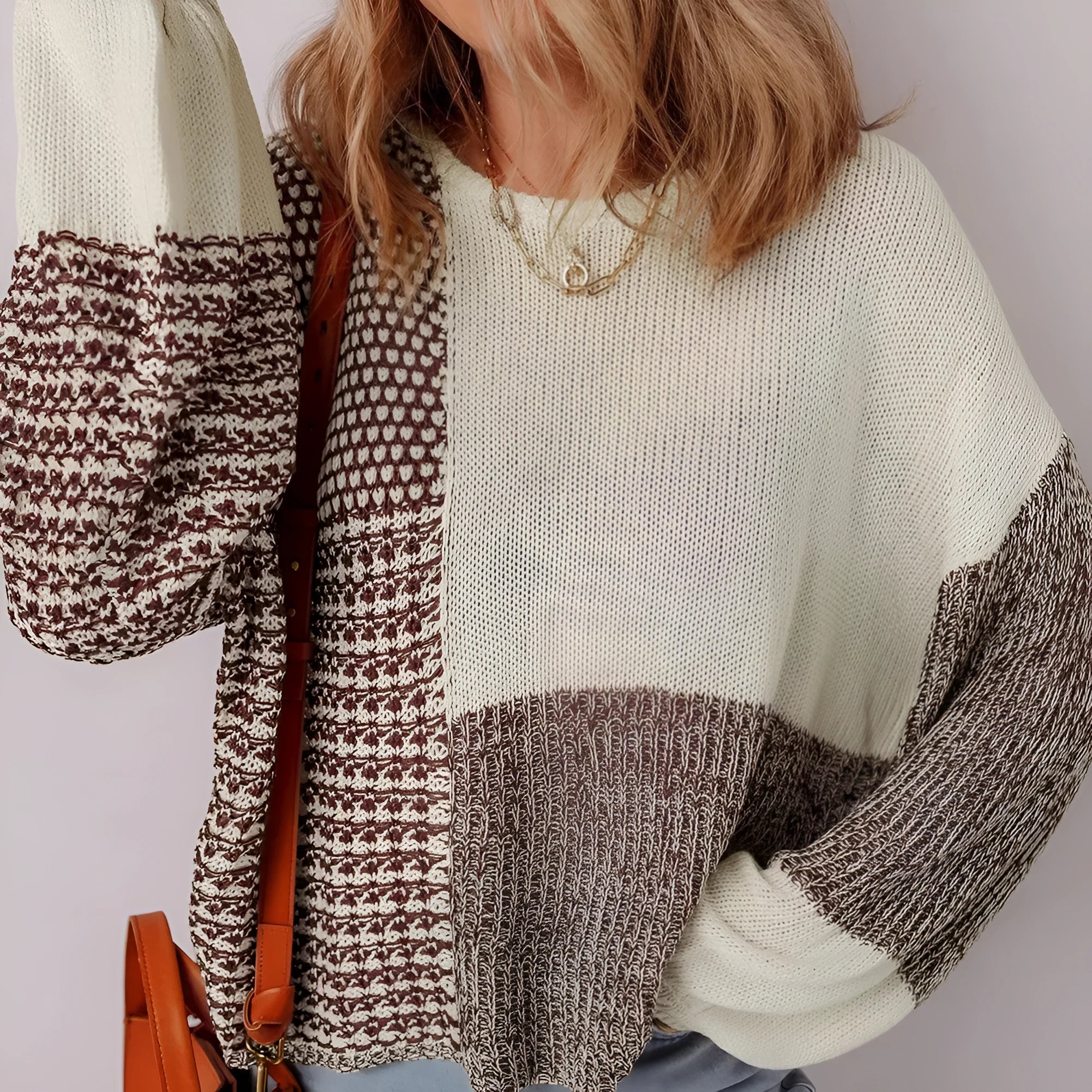 Dark khaki colour block loose sweater with a back tie and drop shoulder sleeves.