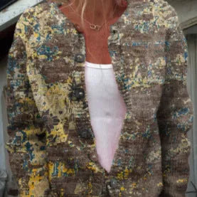 Women's loose-fit cardigan coat with a white 3D geometric digital print pattern on a solid coloured background.