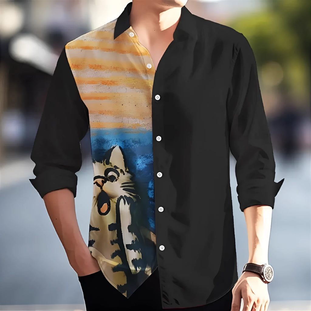 Men's Hawaiian style long sleeve shirt with floral pattern in loose fit cardigan design