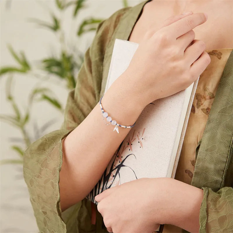Hetian jade diamond-shaped bracelet with woven strap in light green or haze blue chalcedony