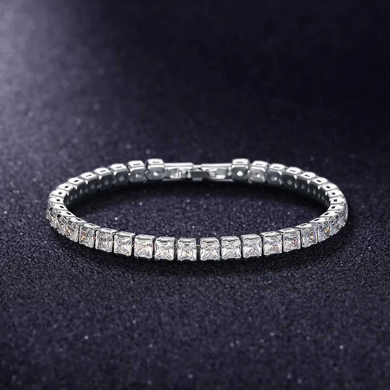 A square diamond zircon bracelet with electroplated platinum coating, shown in a choice of colours and lengths.