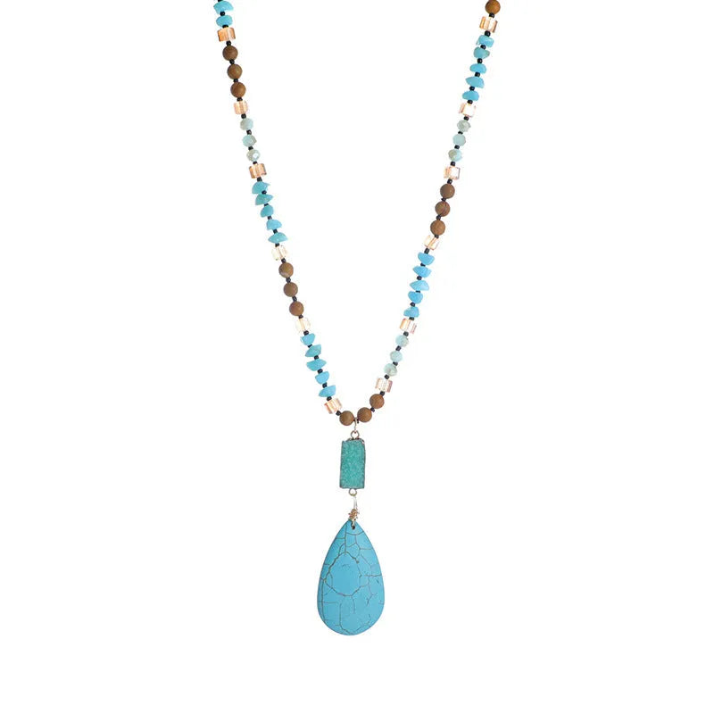 Turquoise blue water drop pendant necklace with mixed gem inlaid and 81cm ball bead chain