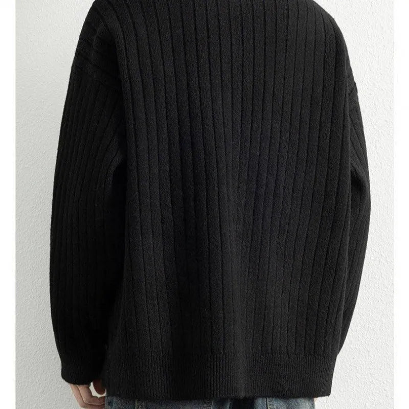 Men's half zip loose pullover sweater in textured knit polyester, shown in grey colour