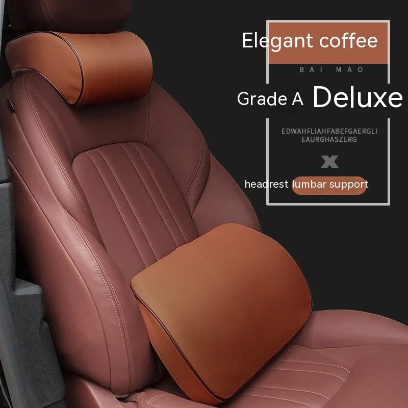 Solid-colour leather memory foam car cushion for head or lumbar support in beige, black, brown or coffee.