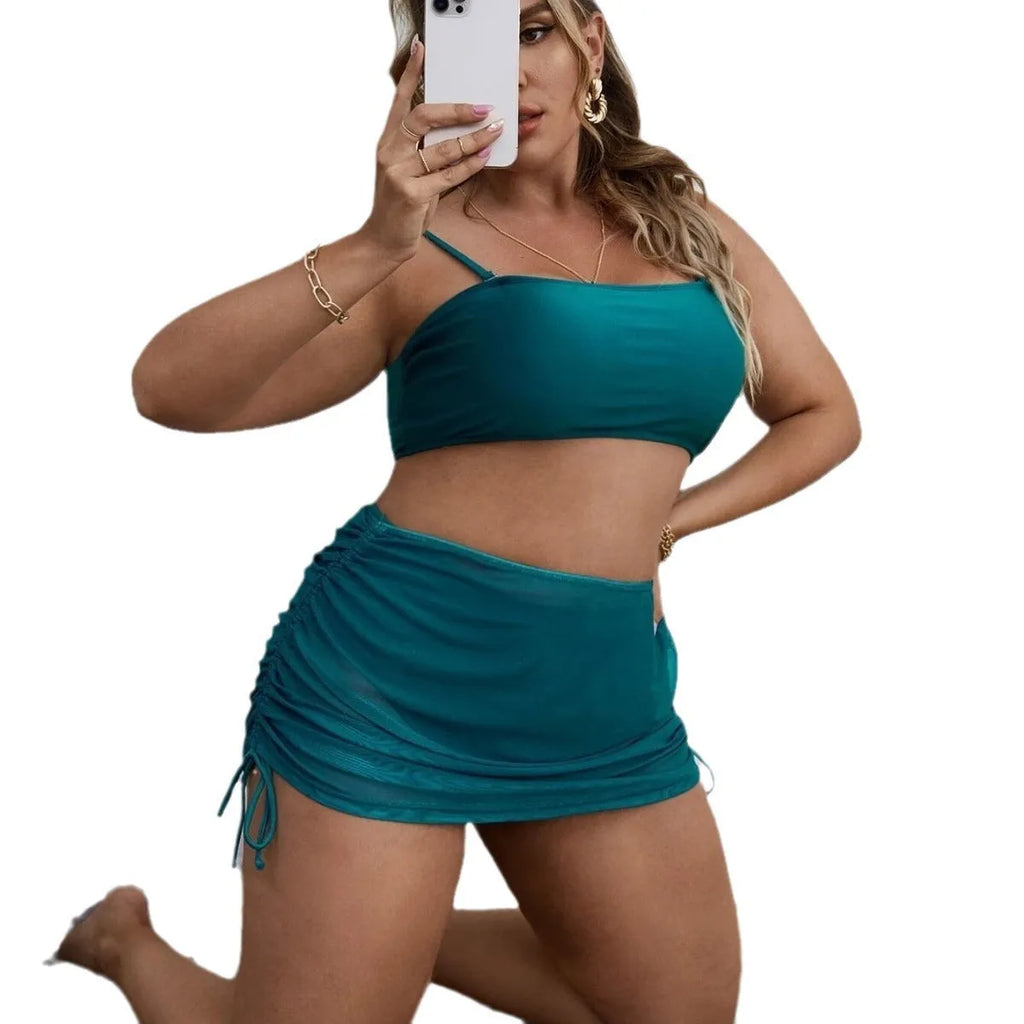 Women's solid colour mesh bikini three-piece set showing top, underwear, and apron.