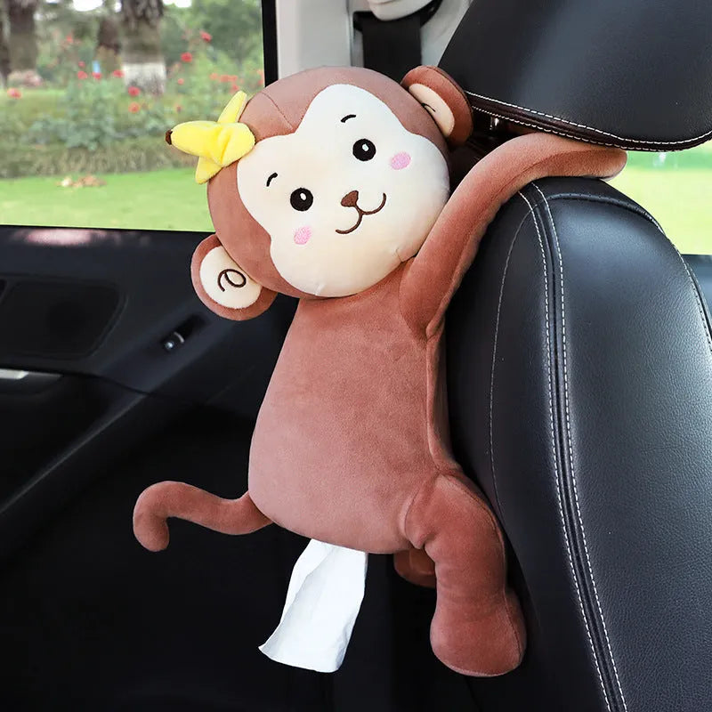 Plush car seat tissue holder with strap attached to vehicle seat back in animal design