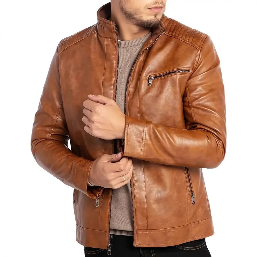 Men's punk style artificial leather motorcycle jacket with stand collar in Army Green colour