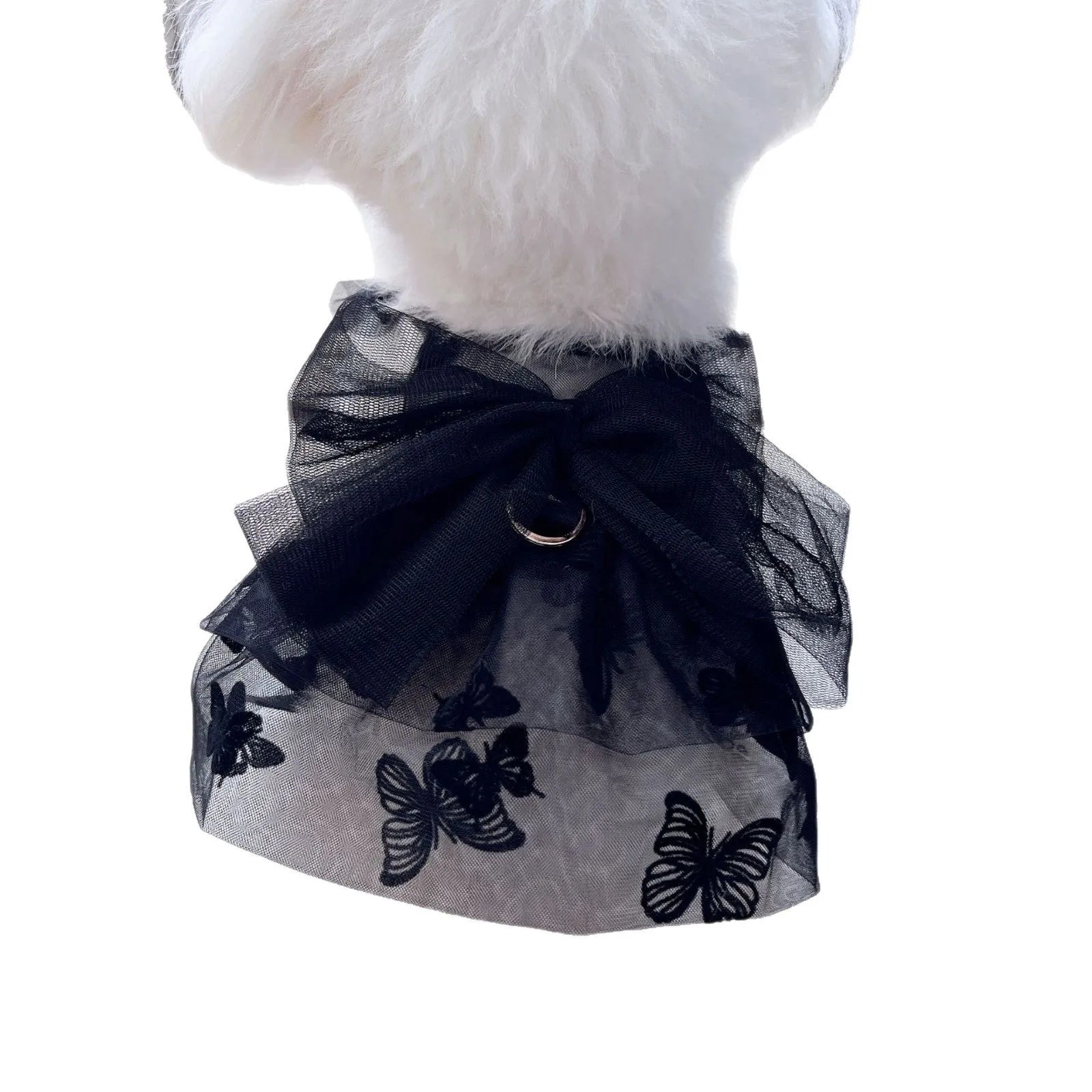 Black gauze princess tulle skirt for a dog or cat on a size chart.