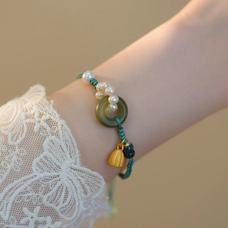 Hand-woven DIY watch band with pearl peace buckle closures in retro style for women