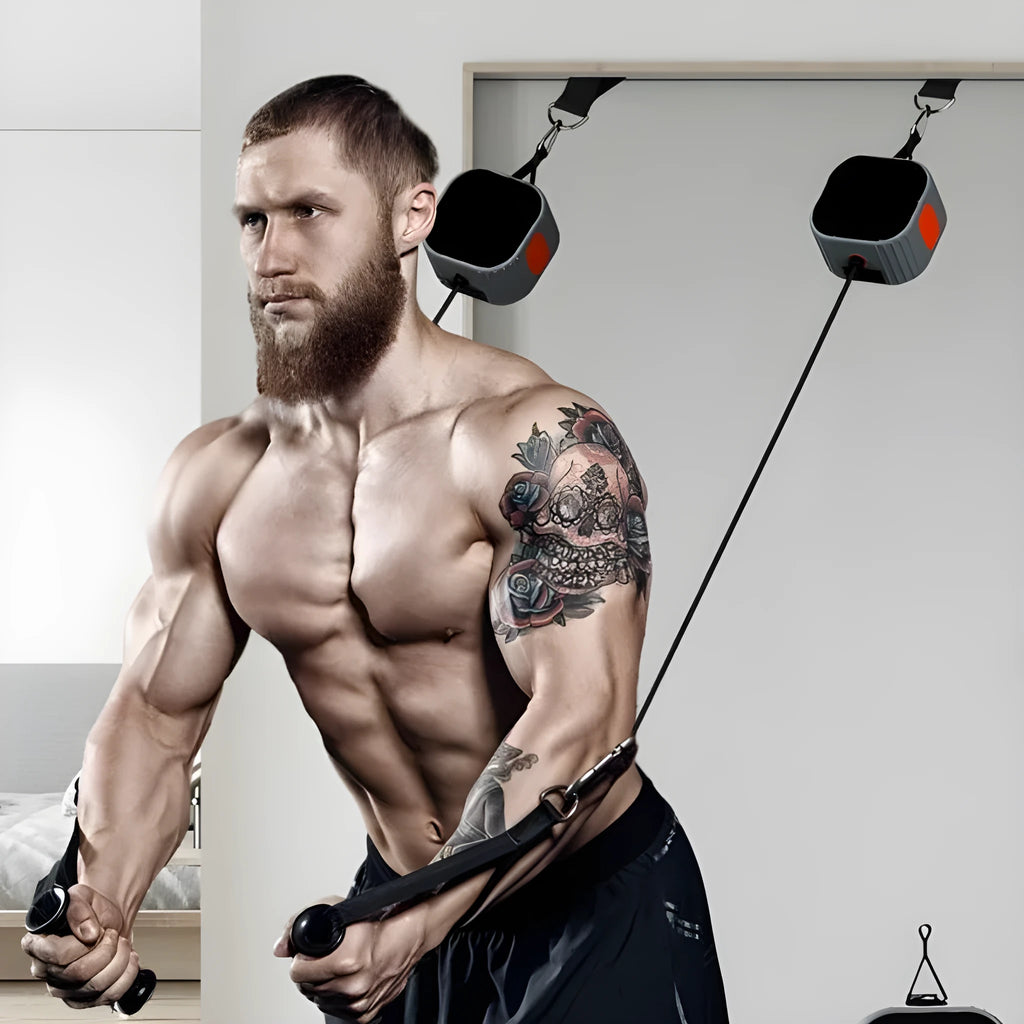 Adjustable resistance training tensioner in blue-grey or orange-grey with 2-20kg range