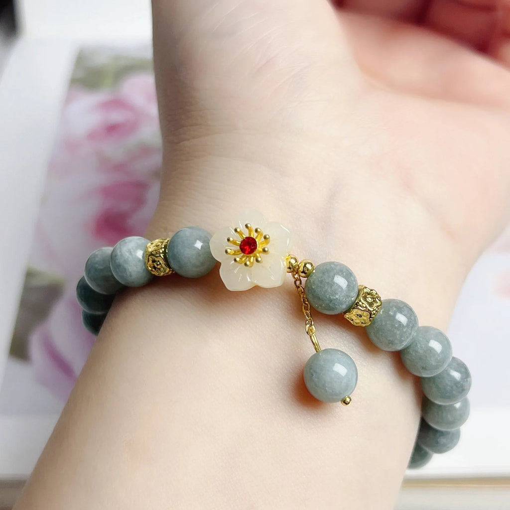 Women's adjustable jade bracelet with tightening rope in retro style