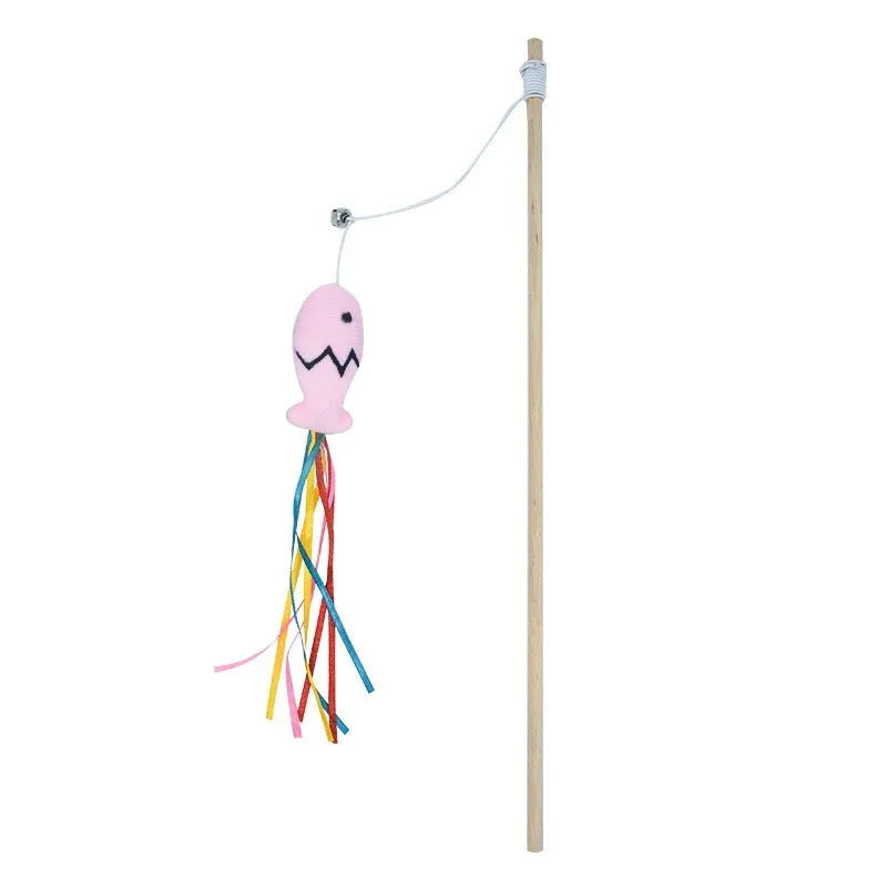 Colourful cat wand toy with ribbons, bell, and catnip fish on a wooden handle
