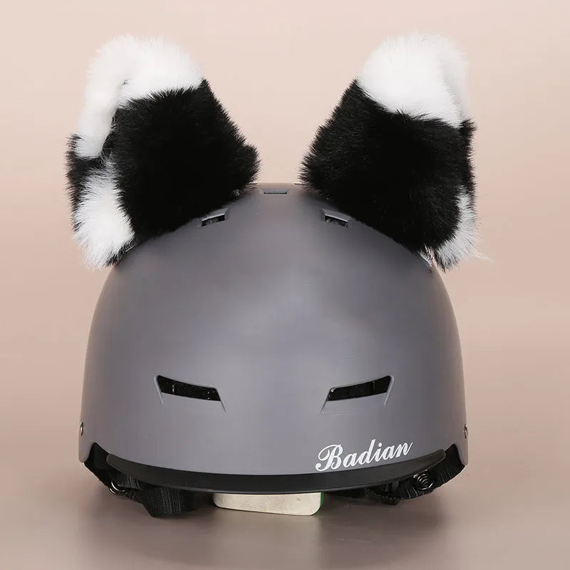 Plush cartoon-themed cover set on a medium motorcycle helmet with soft ear decorations.