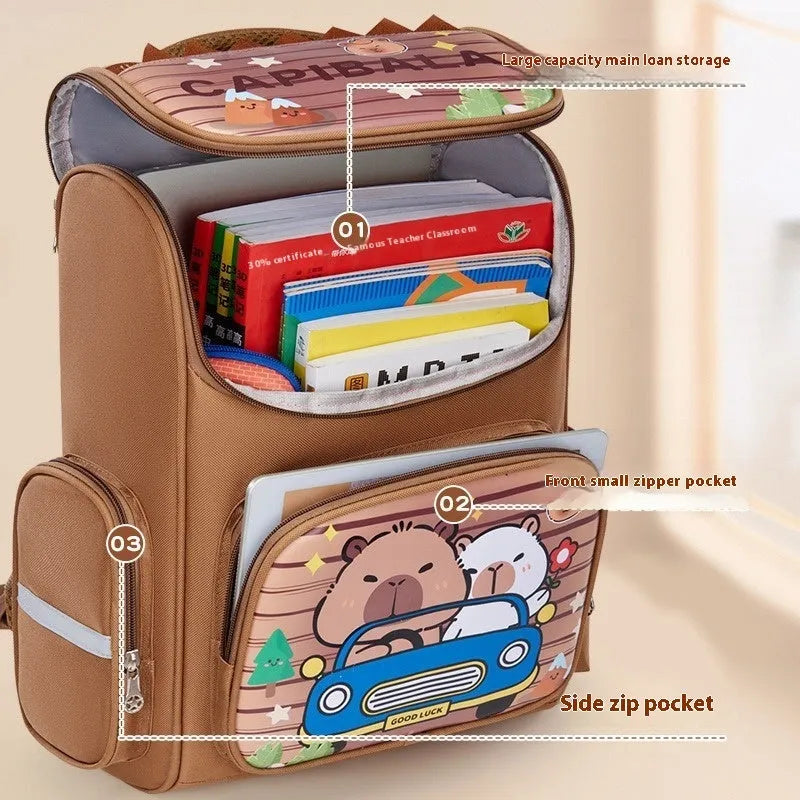 Capabala primary school backpack with spine protection, waterproof fabric, and air pillow belt in car brown colour