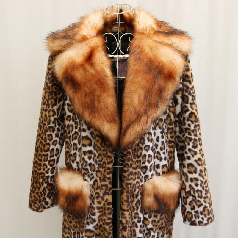 Long women's leopard print faux fur jacket with regular sleeves on a model.