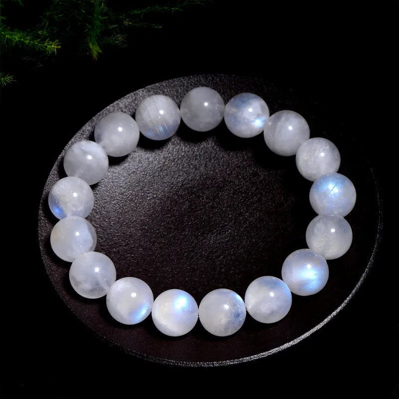 Natural blue moonstone bead bracelet with round geometry-shaped beads on wrist