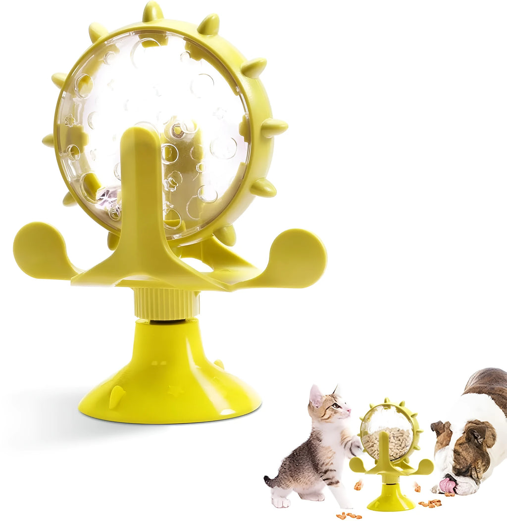 Interactive pet puzzle toy with rotating food dispenser in blue, green, red, or yellow colours
