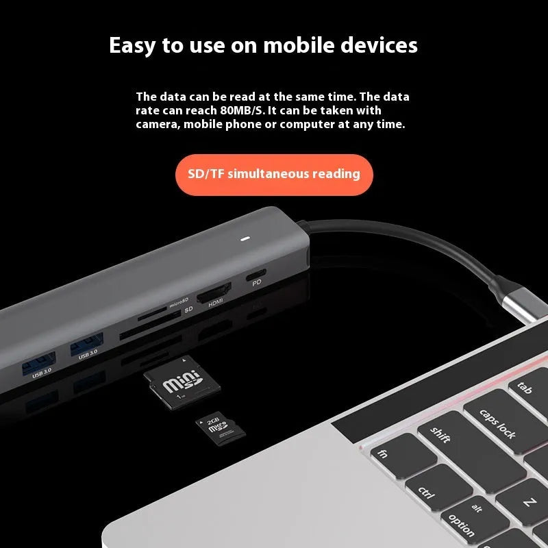 Silver 7-in-1 USB-C hub showing USB-C PD port, three USB ports, HDMI, and SD card slots.