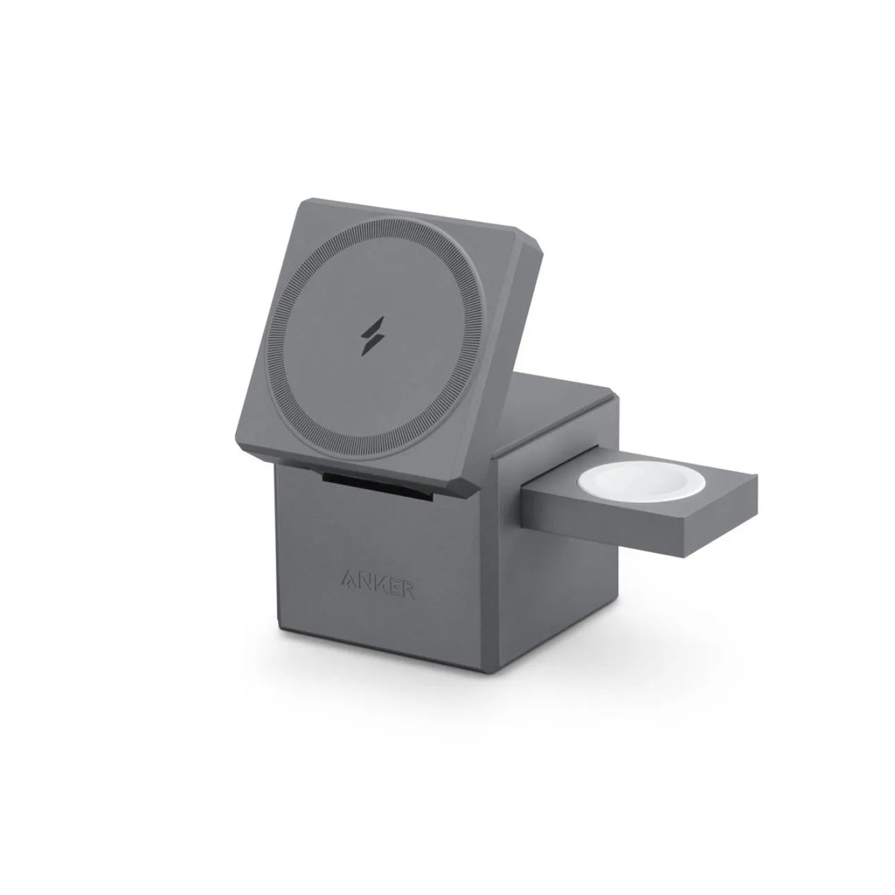 Foldable magnetic wireless charger showing compact size and Type-C port, suitable for iPhone, Apple Watch and AirPods.