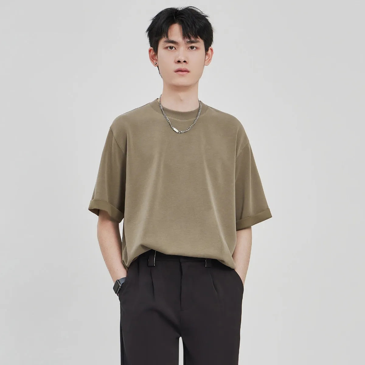 Men's loose drape knit casual T-shirt in black, brown, or white colours