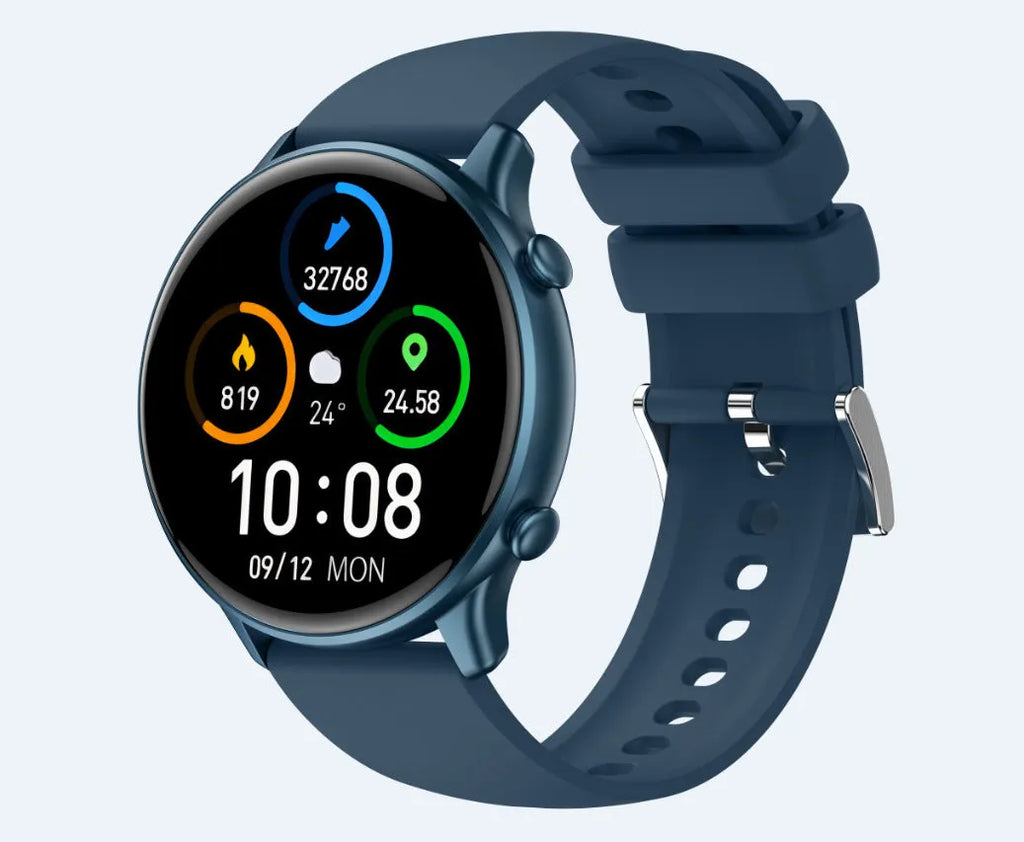 Round smart sports watch with touch screen showing heart rate display on black silicone strap