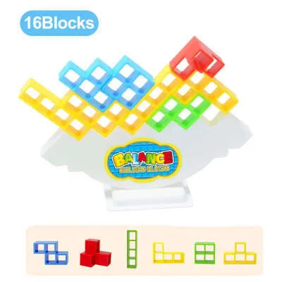 Plastic balance stacking board game with 16 colourful blocks, chassis, and base on a table.