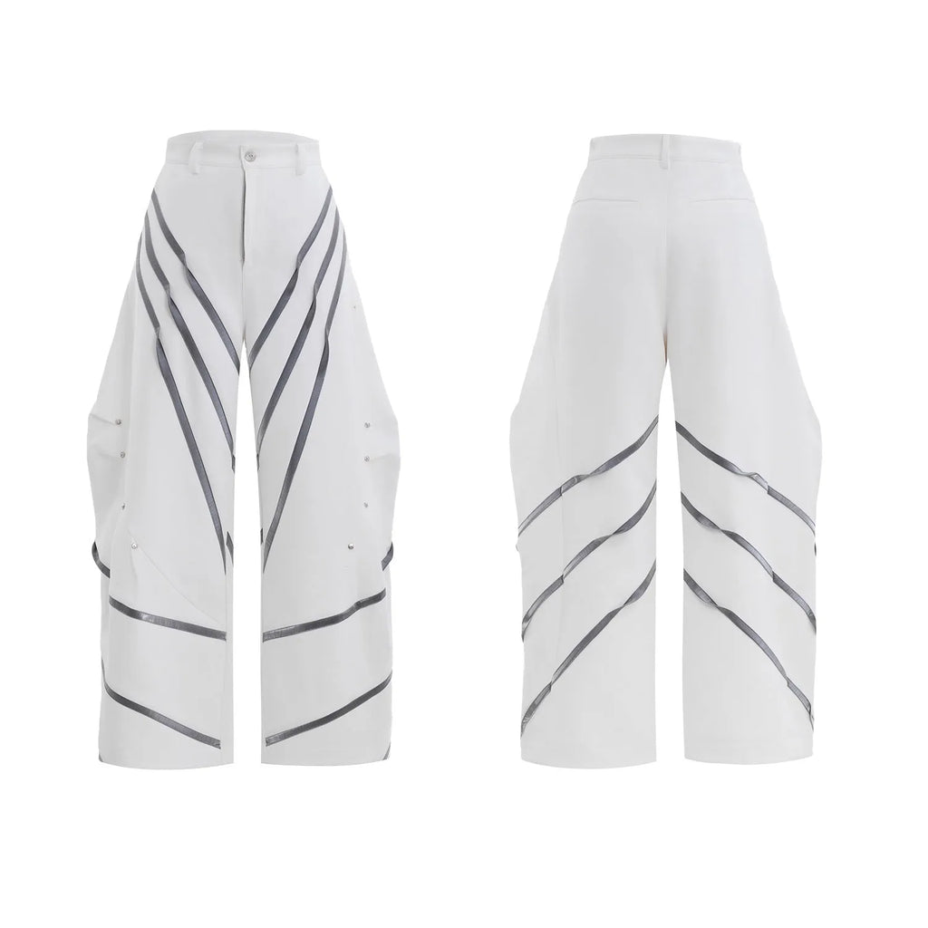 Men's polyester trousers with three-dimensional cutting, metal striped rivets, and pleated design in black or white